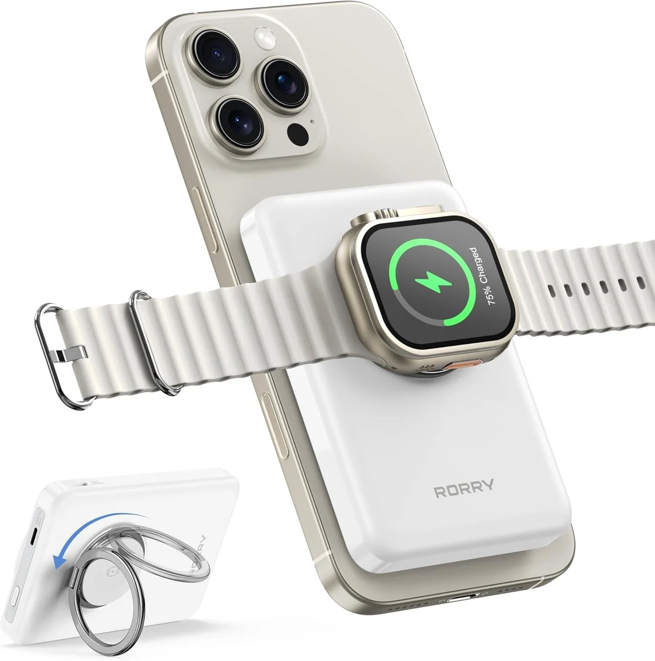 iPhoneの背面にMagSafe対応のワイヤレス充電器が取り付けられ、その充電器でApple Watchが充電されている様子