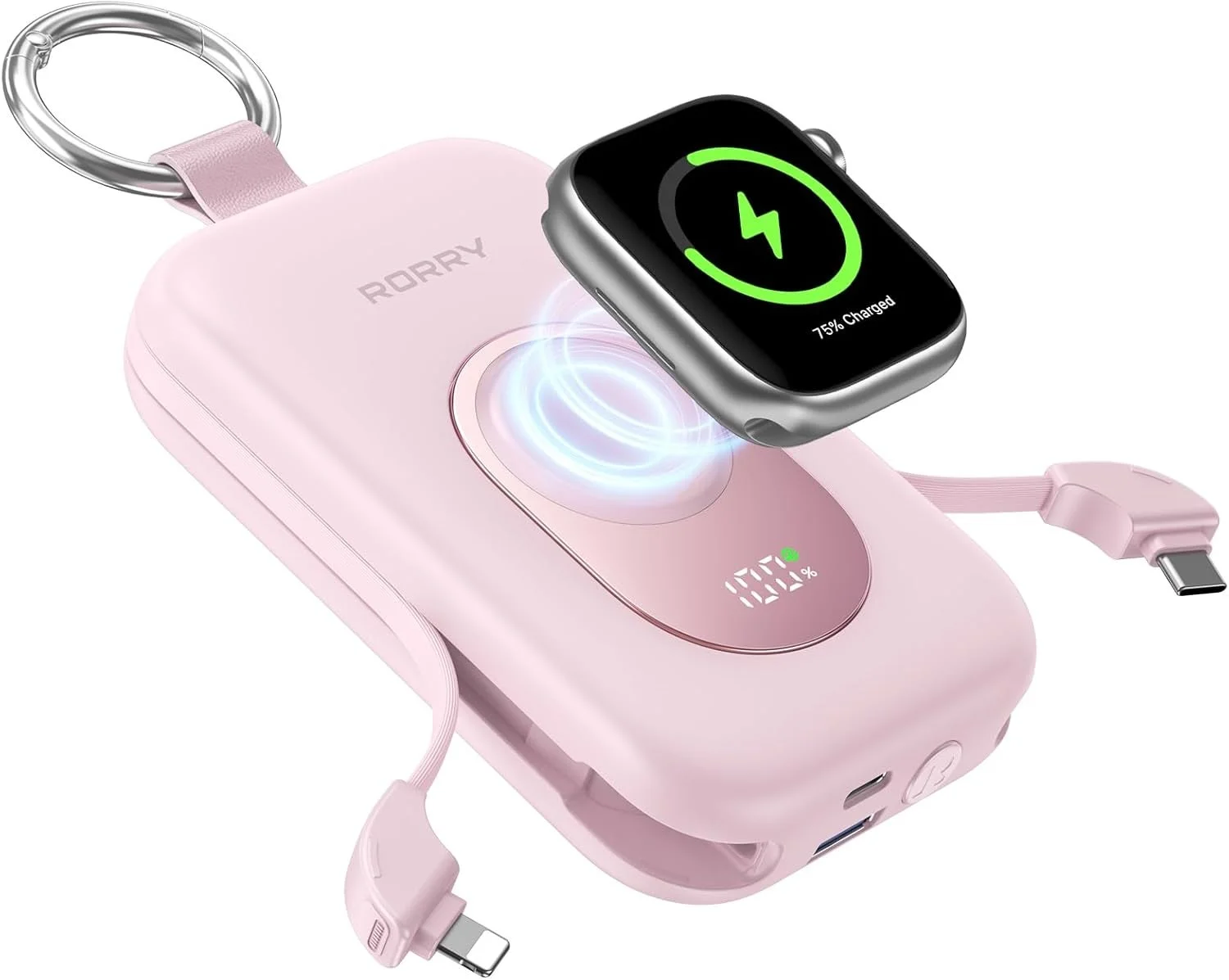 ピンクのポータブル充電器がApple Watchをワイヤレス充電している様子