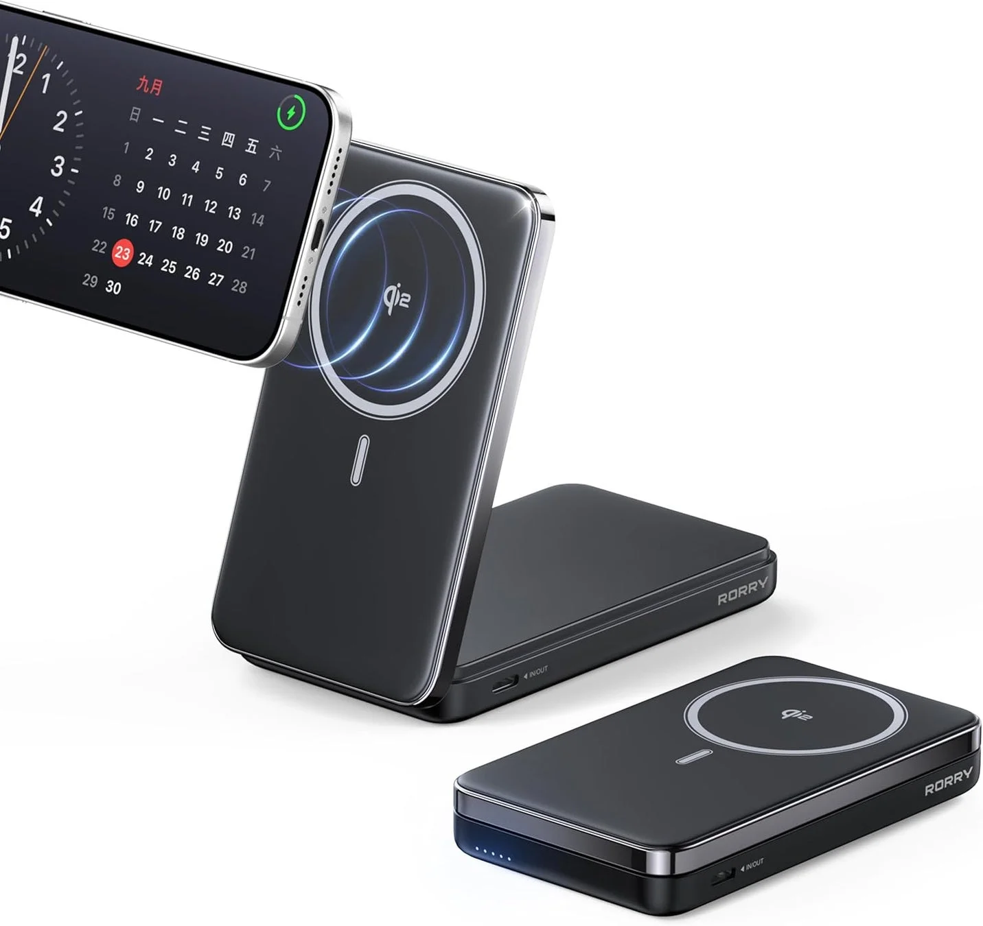 スマートフォンをワイヤレス充電中の黒いモバイルバッテリー