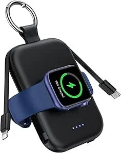 Apple Watchを充電している黒いポータブル充電器