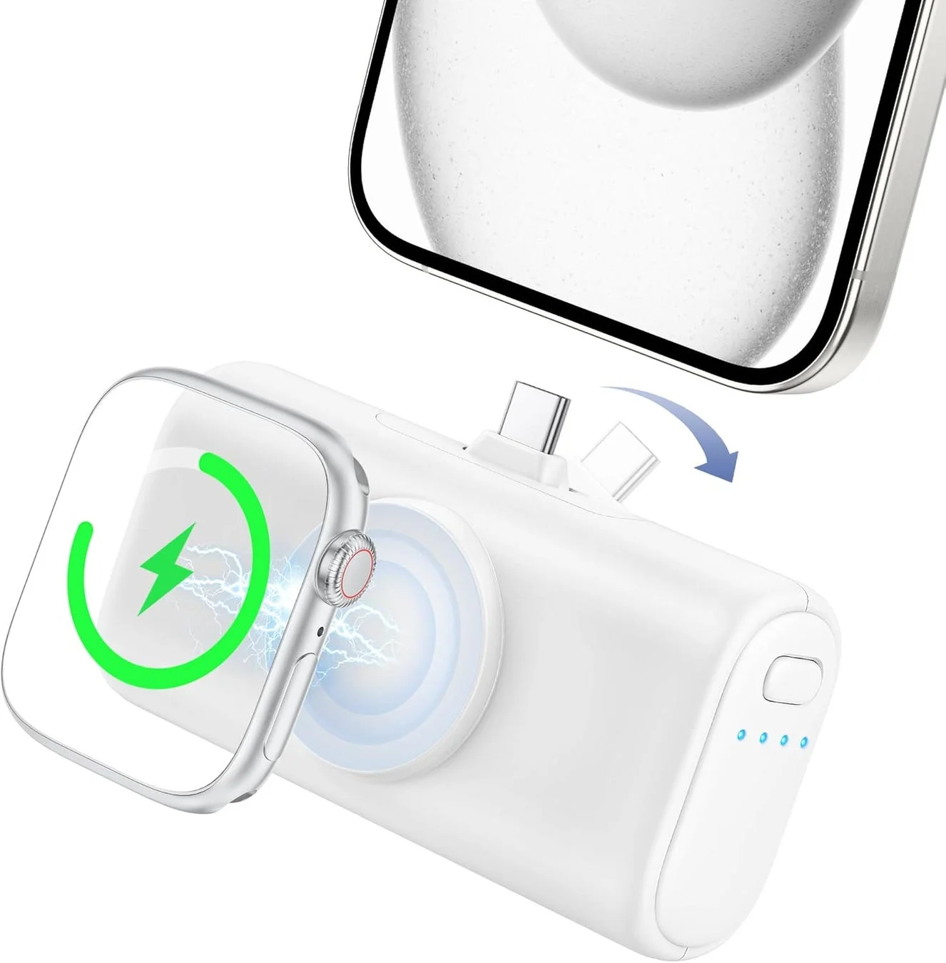 白いポータブル充電器がApple Watchをワイヤレス充電している様子