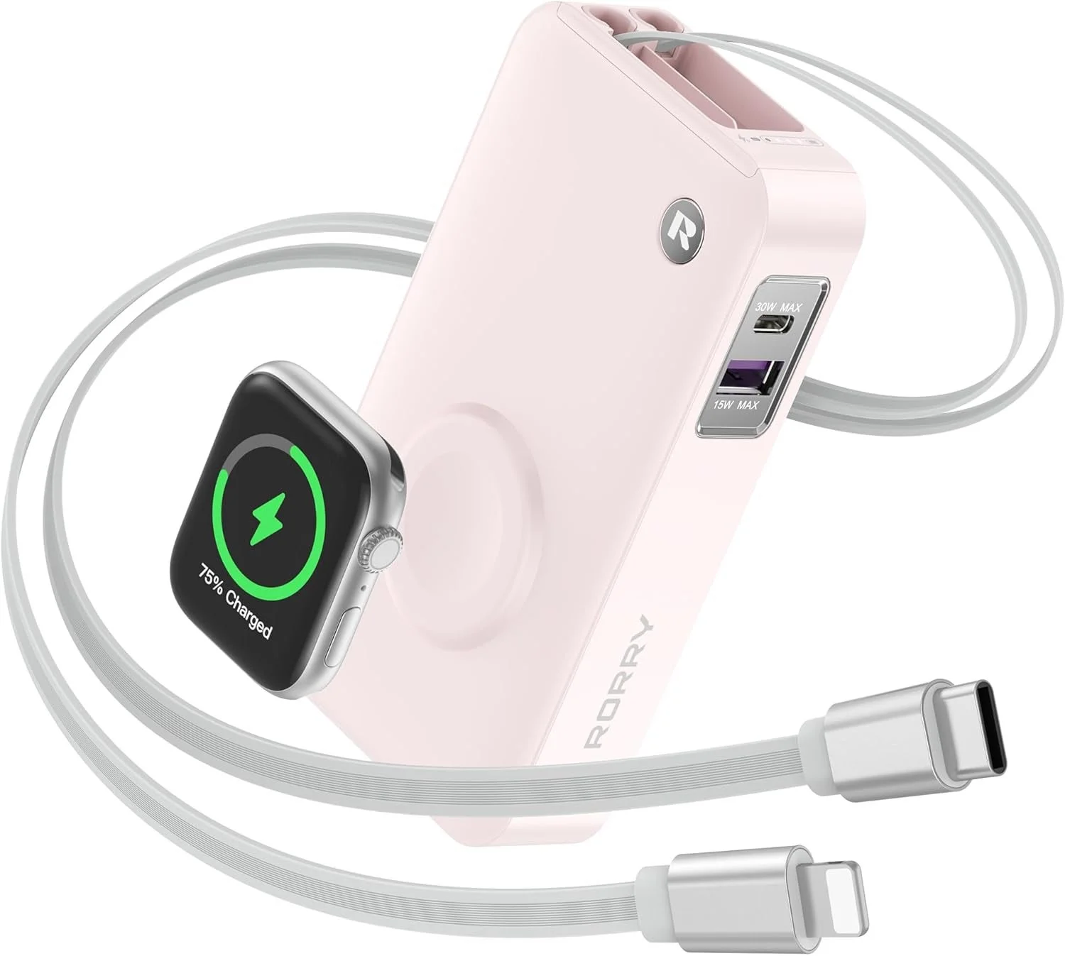 ピンク色のRORRYブランドのモバイルバッテリーが、Apple Watchをワイヤレス充電している画像