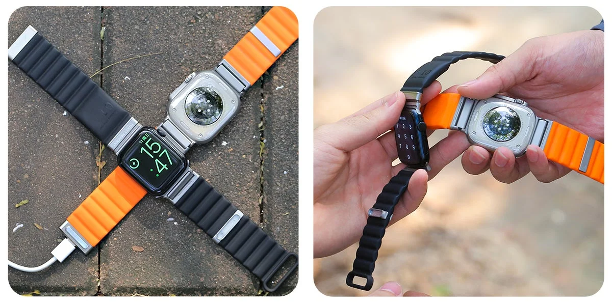 Apple Watch Ultraの交換用バンドと充電の様子