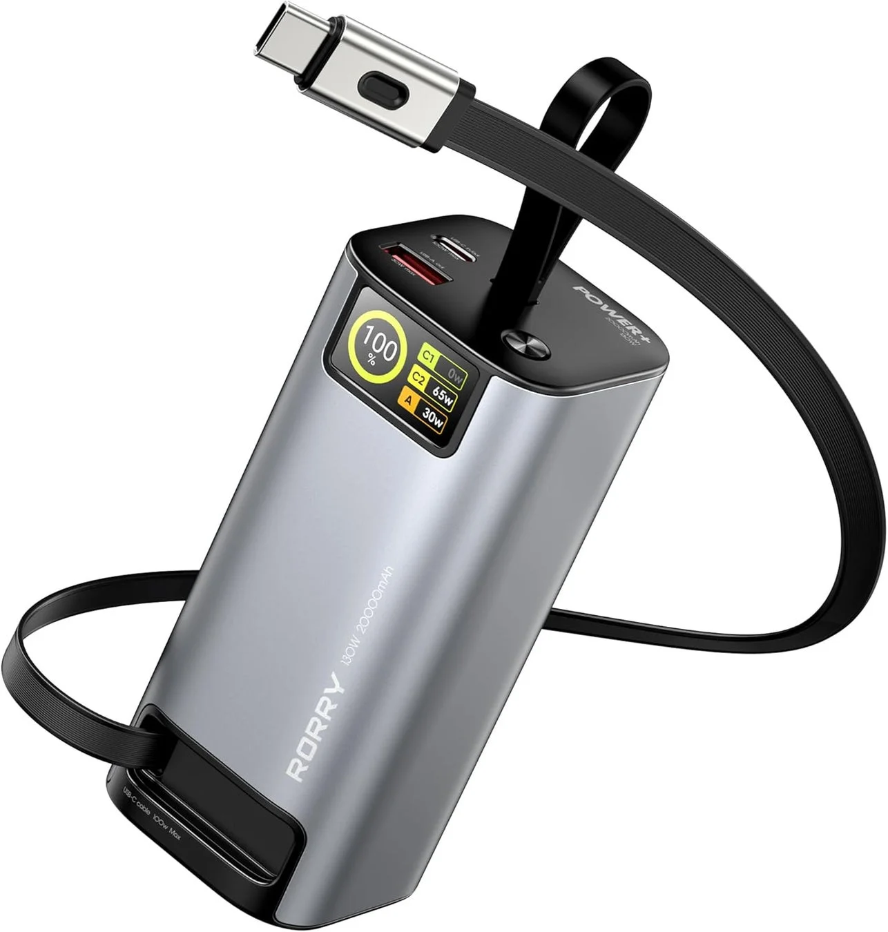 USB-Cケーブルが内蔵されたグレーのモバイルバッテリー