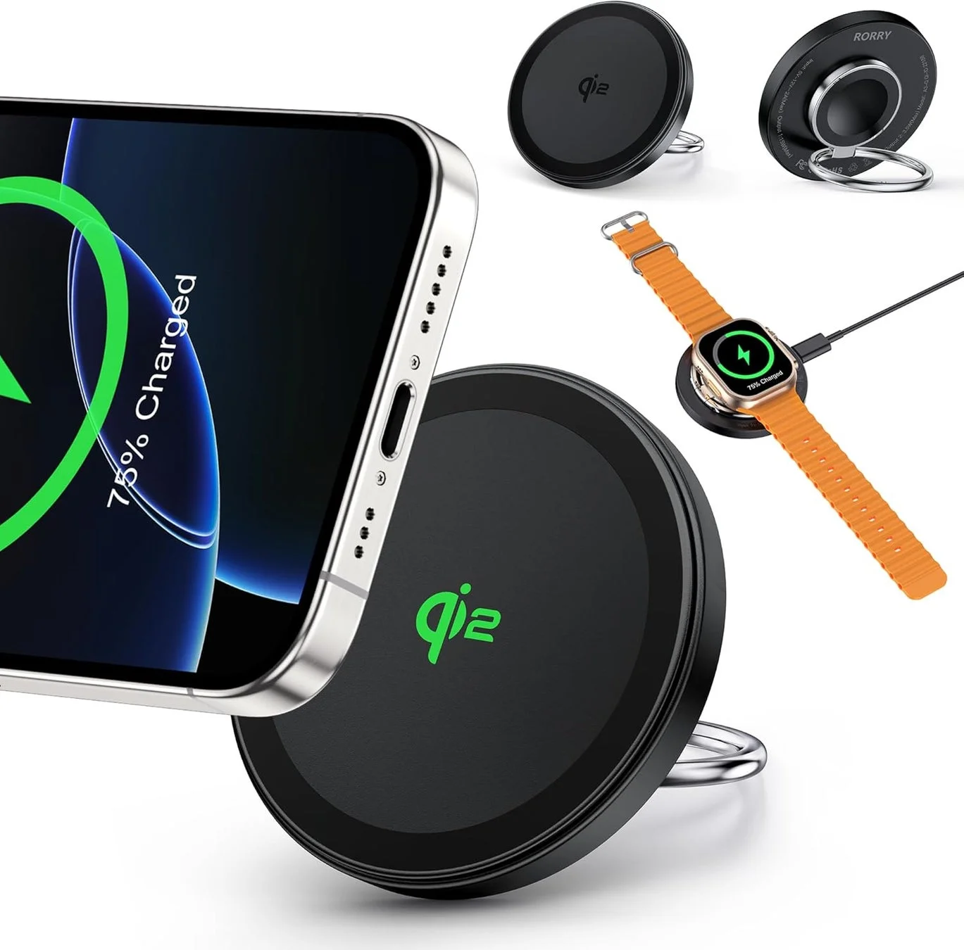 スマートフォンとスマートウォッチがワイヤレス充電器で充電されている様子