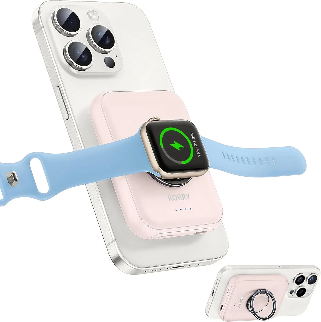 iPhoneの背面にMagSafe対応のモバイルバッテリーが装着され、そのモバイルバッテリーからApple Watchがワイヤレス充電されている様子