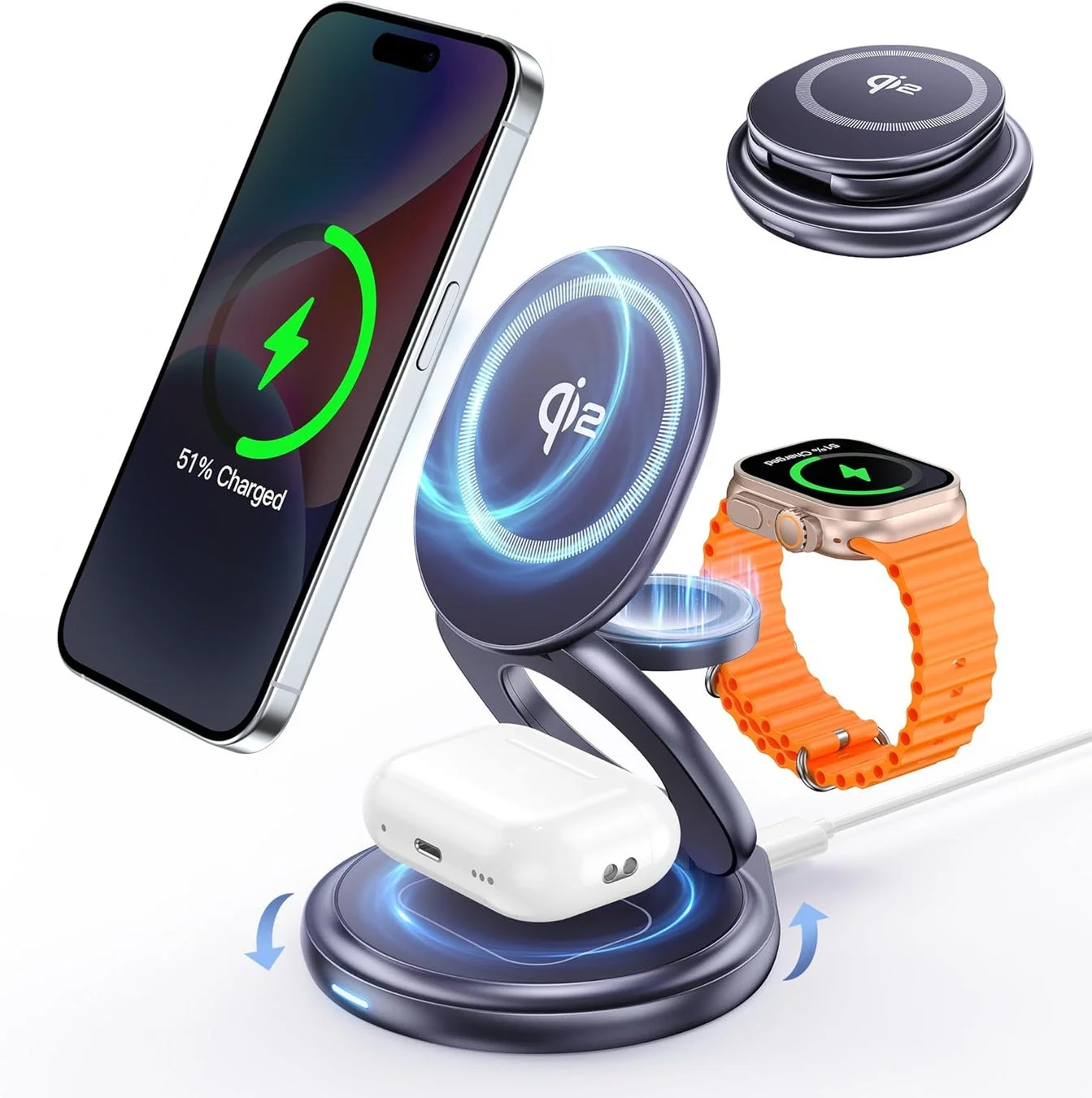 スマートフォン、スマートウォッチ、イヤホンを同時に充電できるワイヤレス充電器