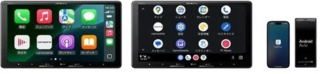 Apple CarPlayとAndroid Autoが動作する車載ディスプレイと、対応するスマートフォン