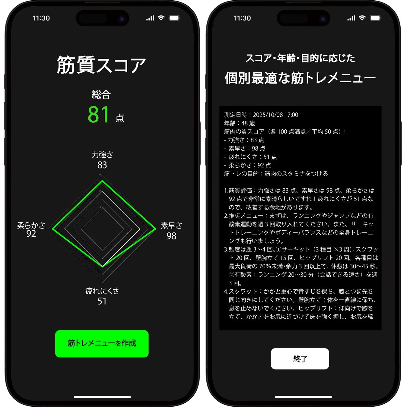 筋質スコアと個別最適な筋トレメニューを表示するアプリ画面