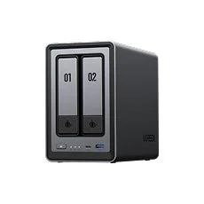 黒い筐体の2ベイNASデバイスが写っています。前面には「01」「02」と表示されたドライブベイがあり、データ保存やネットワーク共有に利用されるストレージ機器です。