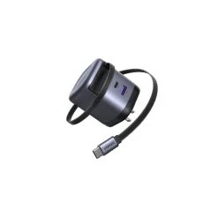 USB-Cケーブルが付属したダークグレーのBaseus製65W PD対応電源アダプターです。コンパクトなデザインで、スマートフォンやノートPCなどの電子機器の充電に適しています。