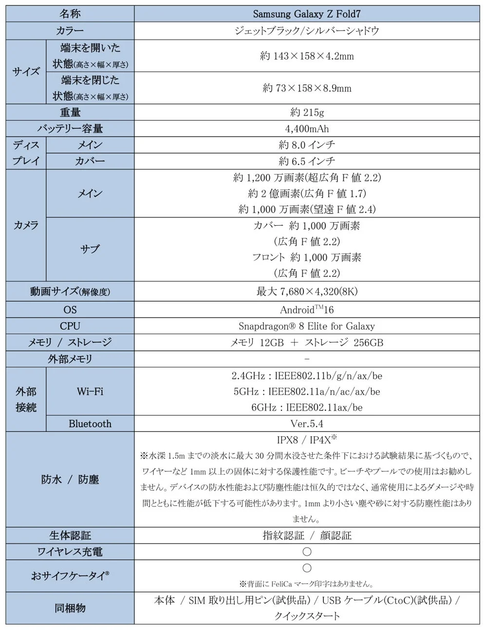 主な仕様 : 「Samsung Galaxy Z Fold7」