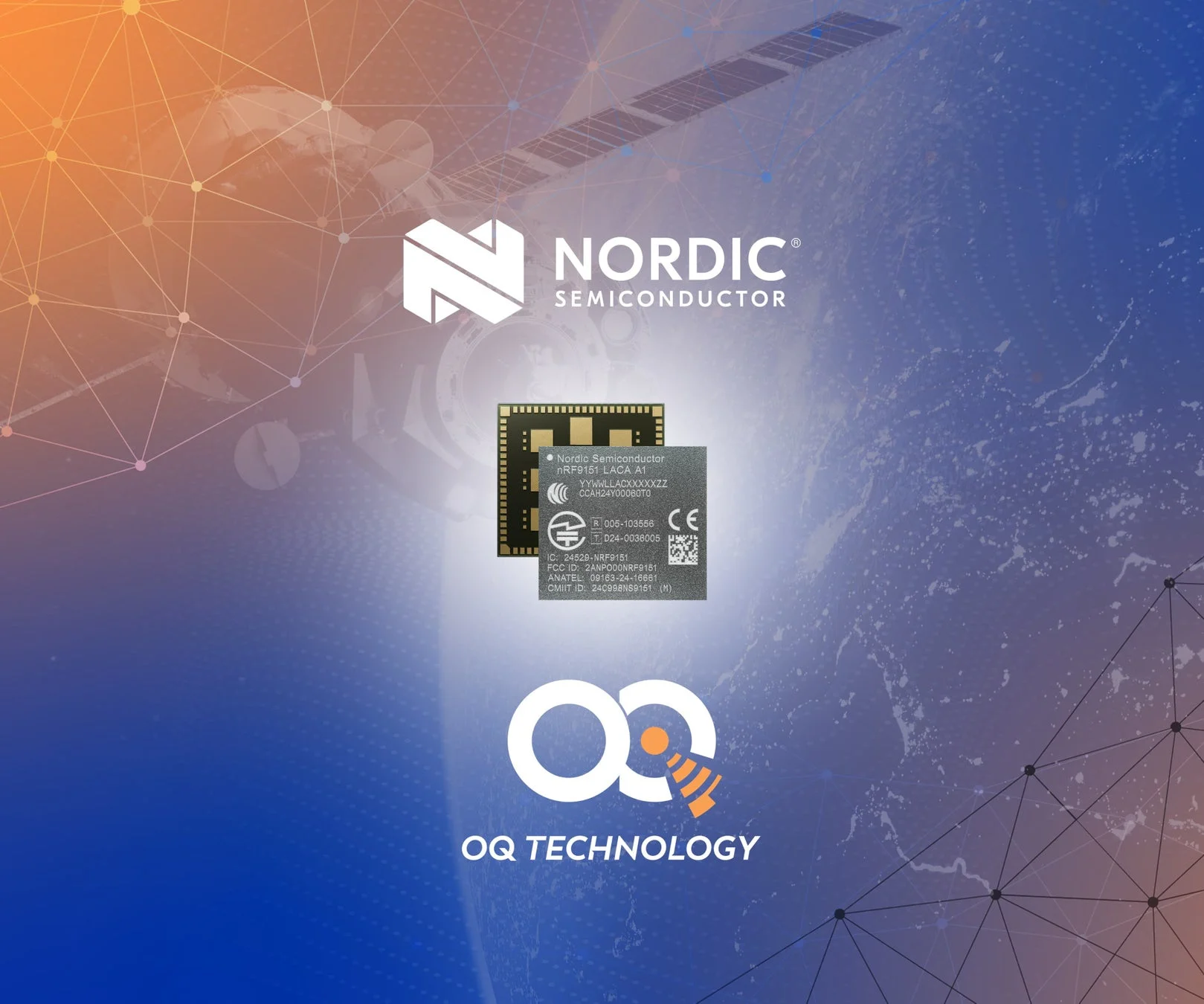 Nordic SemiconductorとOQ Technologyのロゴ、nRF9151モジュール、地球と衛星