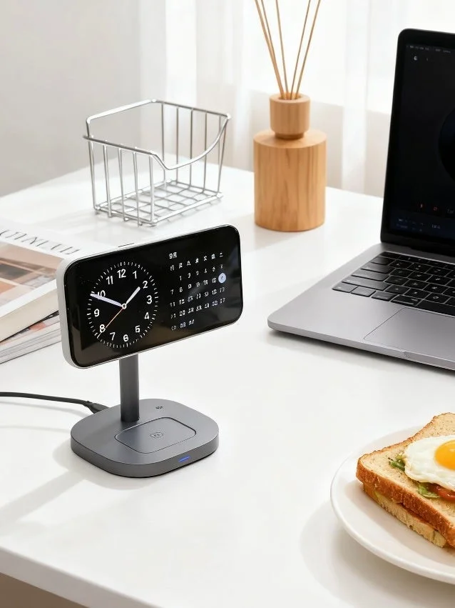 デスク上のワイヤレス充電器と朝食