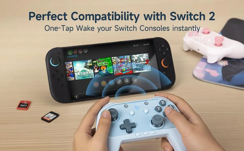 Switch 2との互換性を示すコントローラーとゲーム画面