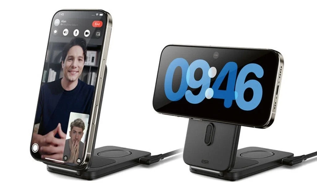 iPhoneをスタンドに立てて使用している様子