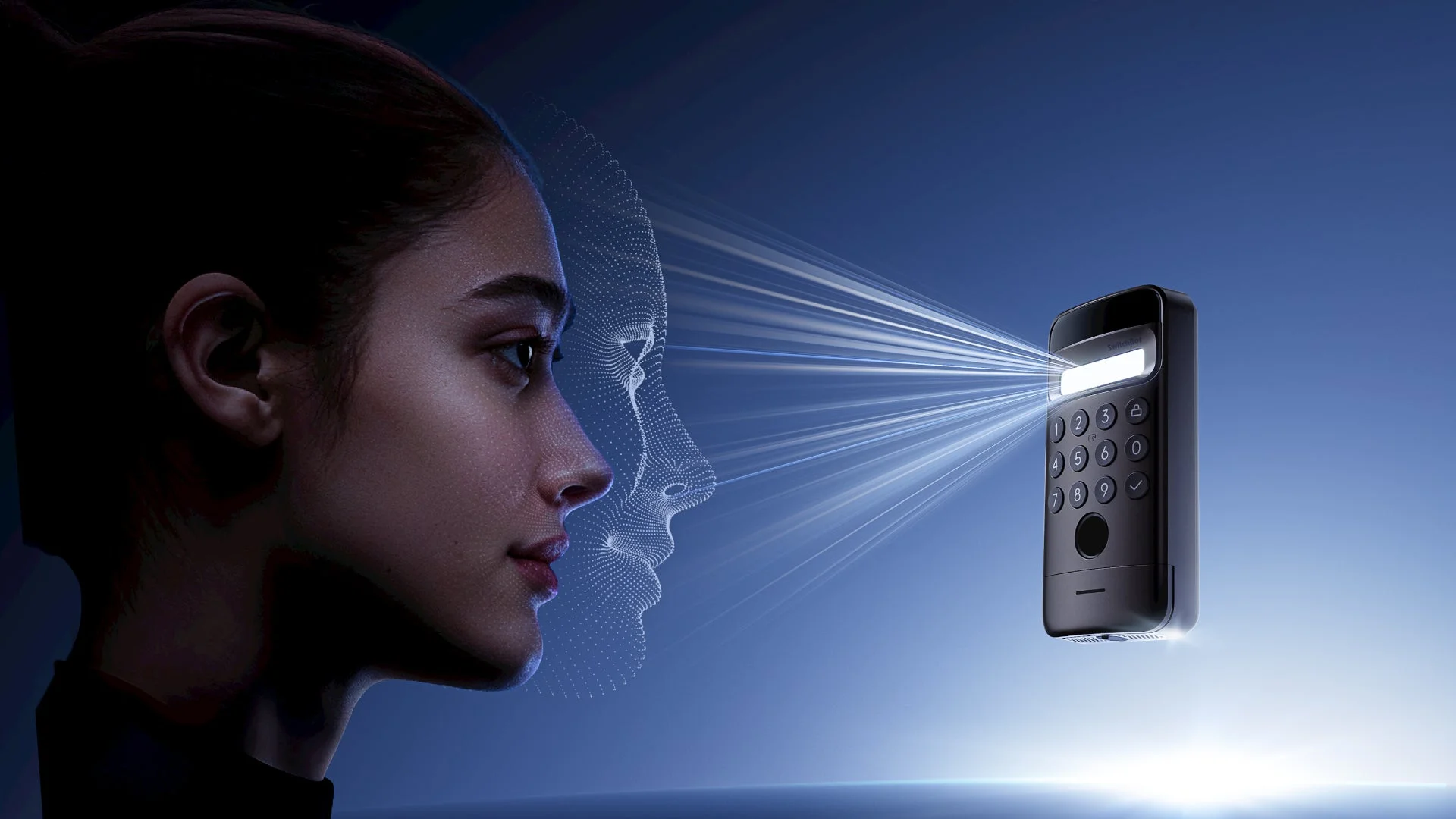 顔認証システムで女性の顔をスキャンする様子