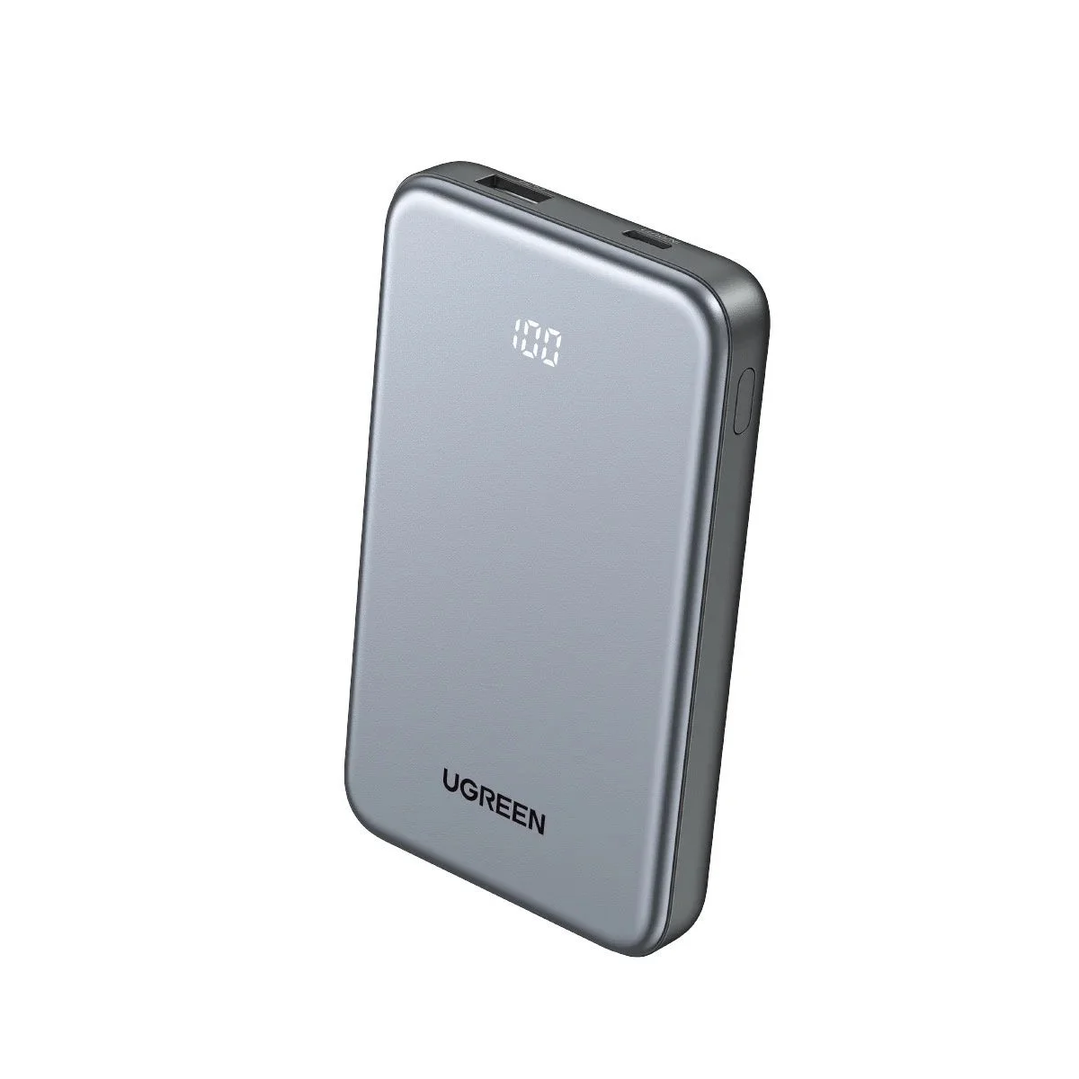 白背景に置かれたUGREEN製のグレーのモバイルバッテリーの画像