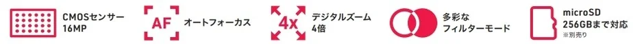 CMOSセンサー、AF、ズーム、フィルター、microSD