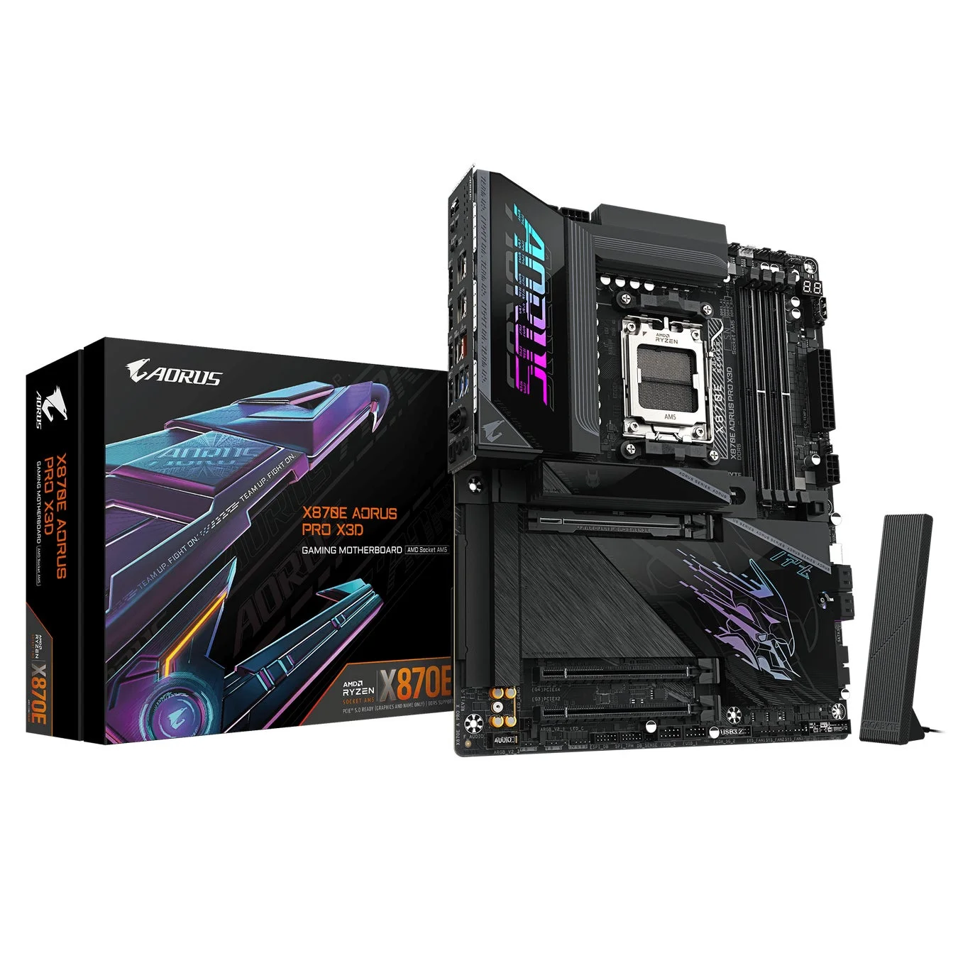 AORUS X870E AORUS PRO X3Dゲーミングマザーボードと製品パッケージ