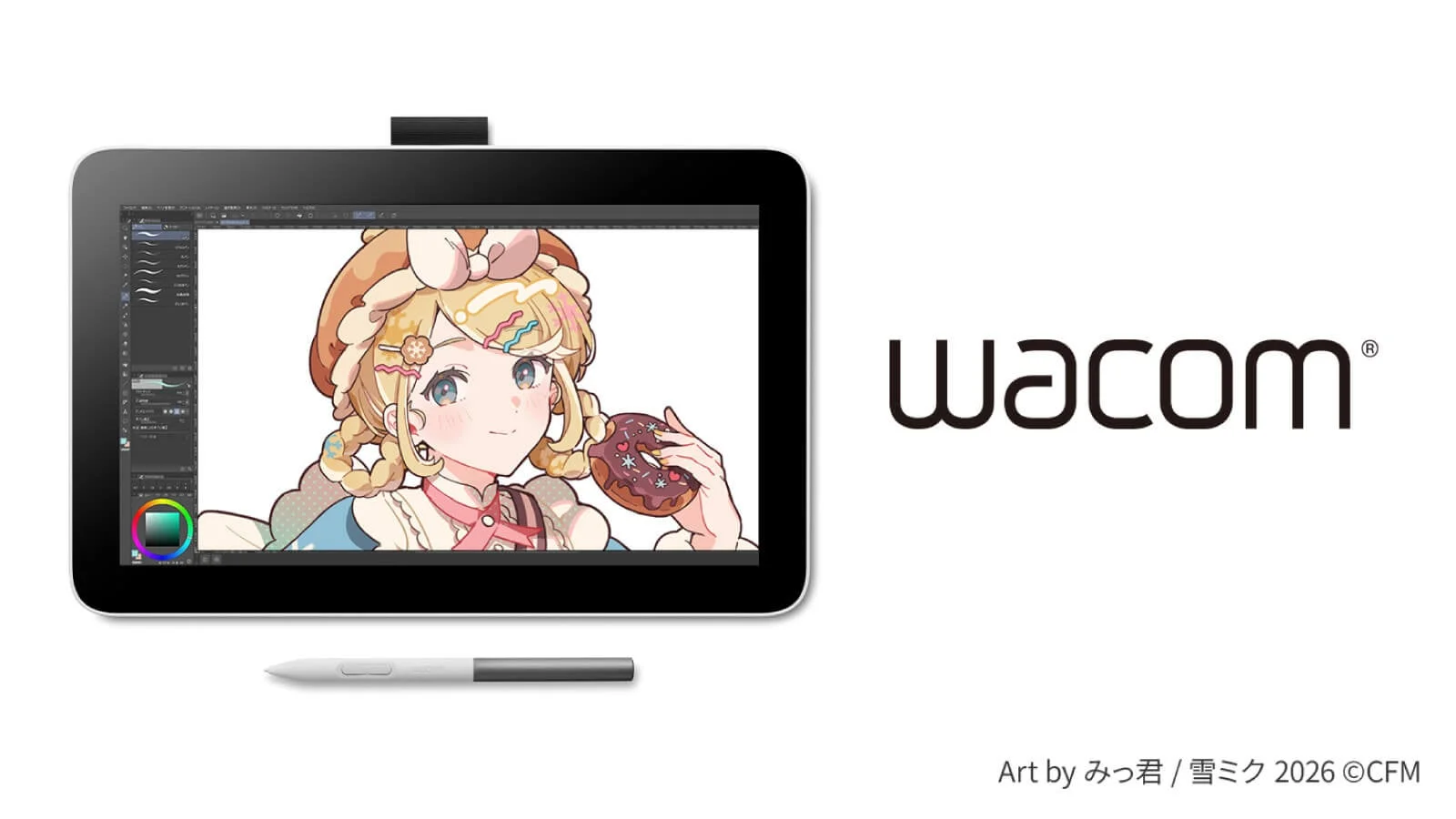 Wacomの液晶ペンタブレットに、ドーナツを持った雪ミク2026のキャラクターイラストが表示されています。