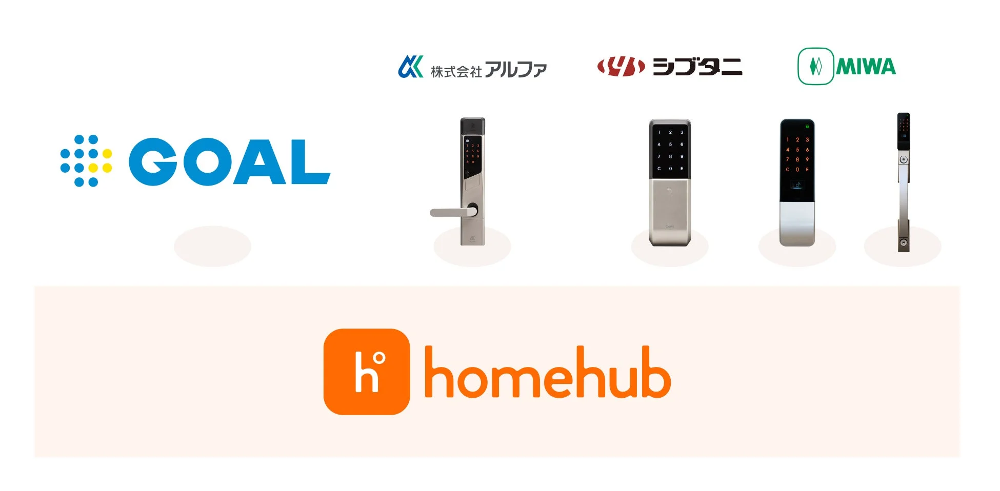 複数のブランドのスマートロック製品とhomehubのロゴ