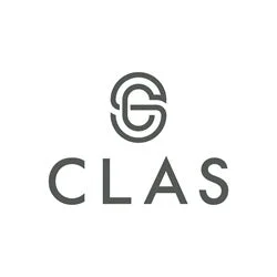 白い背景に、グレーの「CLAS」という文字と、その上に「GS」を組み合わせたようなモノグラムロゴが配置された、シンプルでモダンな企業ロゴ