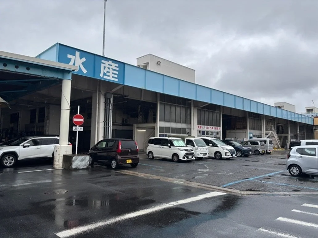 曇り空の下、多くの車が駐車している水産関連施設の様子