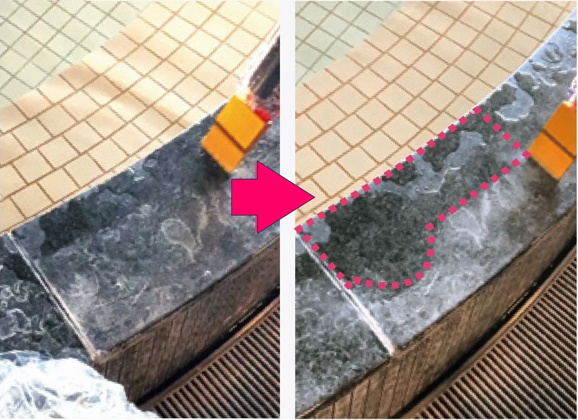 床の汚れを清掃する前後の比較