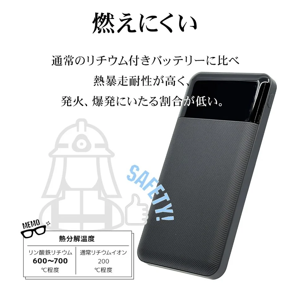 熱暴走耐性が高く、発火や爆発のリスクが低いリン酸鉄リチウムバッテリーを搭載したモバイルバッテリーの安全性を訴求する画像