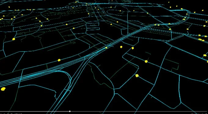 3Dワイヤーフレームの都市交通網