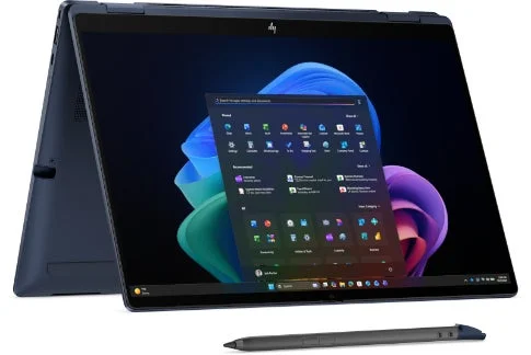 濃い青色のHP製コンバーチブルノートPCとスタイラスペン