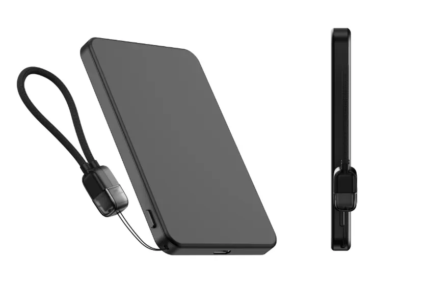 ストラップ付きの黒いモバイルバッテリー