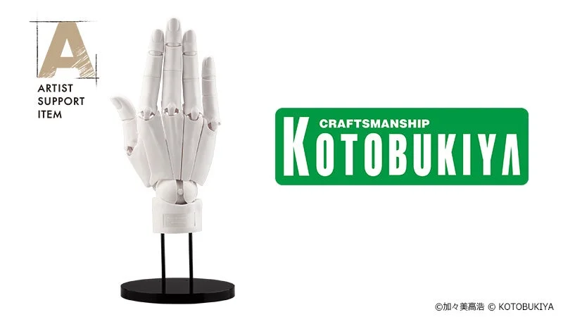 白い可動式のデッサン用ハンドモデルが黒いスタンドに立てられています。