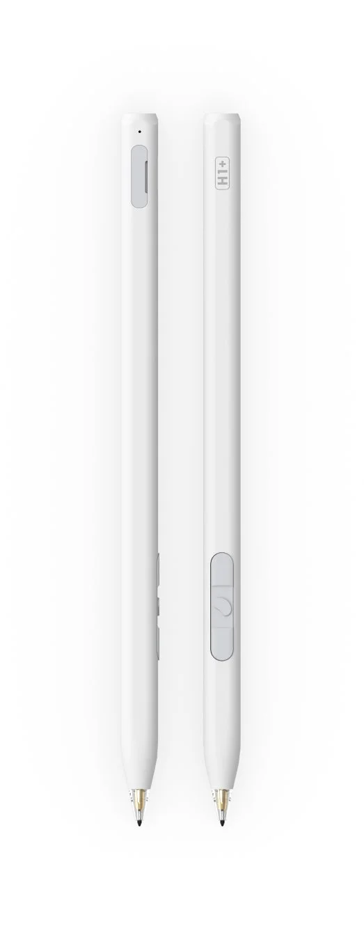 白い背景に2本のスタイラスペンが縦に並べられています。片方には「H1+」のロゴがあり、両方とも側面にボタンと細いペン先が特徴です。