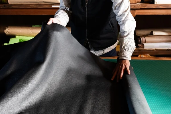 職人が黒い革素材を広げている様子