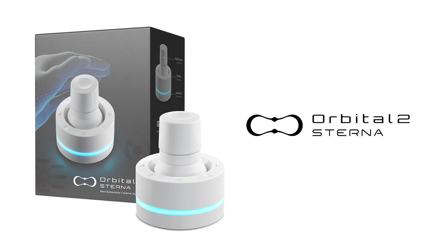 白と水色のライトが特徴的な「Orbital2 STERNA」という次世代クリエイティブジョイスティックが、パッケージと共に写っています。