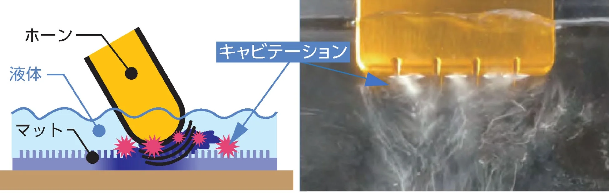 超音波ホーンが液体中でマットに作用しキャビテーションを発生させる図