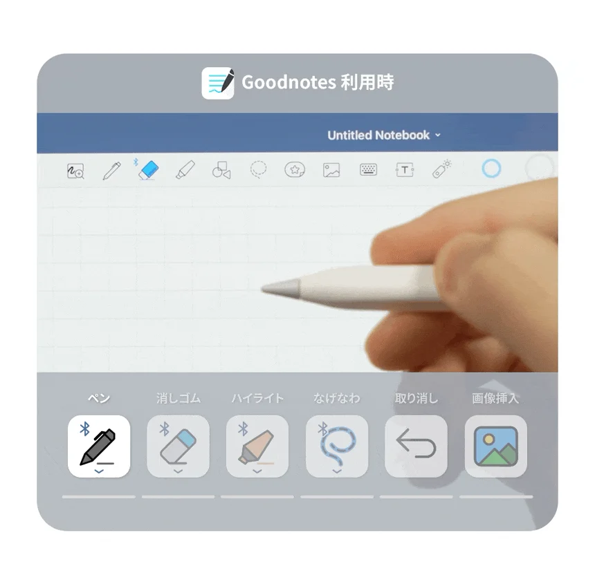 Goodnotesアプリの画面で、Apple Pencilを使って手書き入力している様子を捉えた画像です。