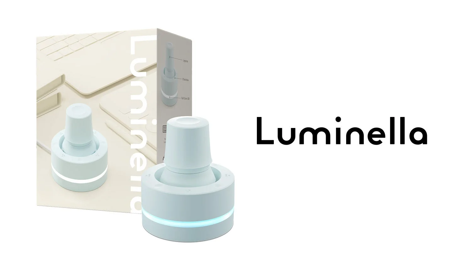 淡い青色の円筒形デバイスが写っており、LEDリングが光っています。