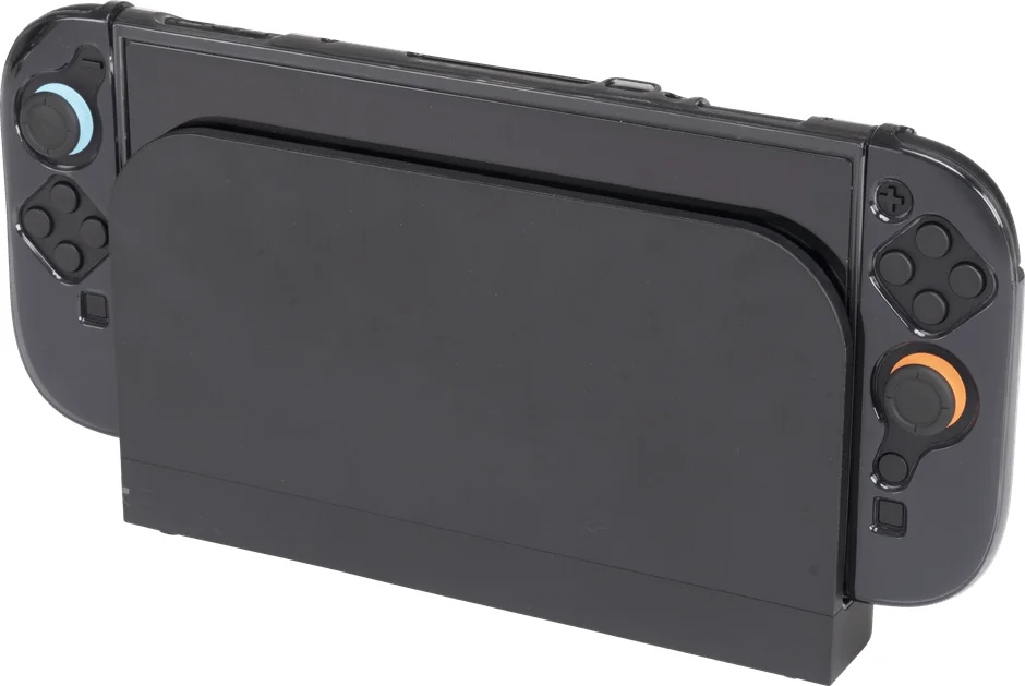 黒色の携帯ゲーム機がドックにセットされている画像