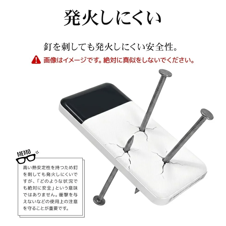 釘が刺さった状態の白いデバイス(モバイルバッテリーと推測)が描かれ、「発火しにくい」という安全性をアピールしています。ただし、これはイメージであり、絶対に真似しないよう警告し、いかなる状況でも絶対安全ではないため、衝撃を与えないなどの注意が必要であると説明しています。