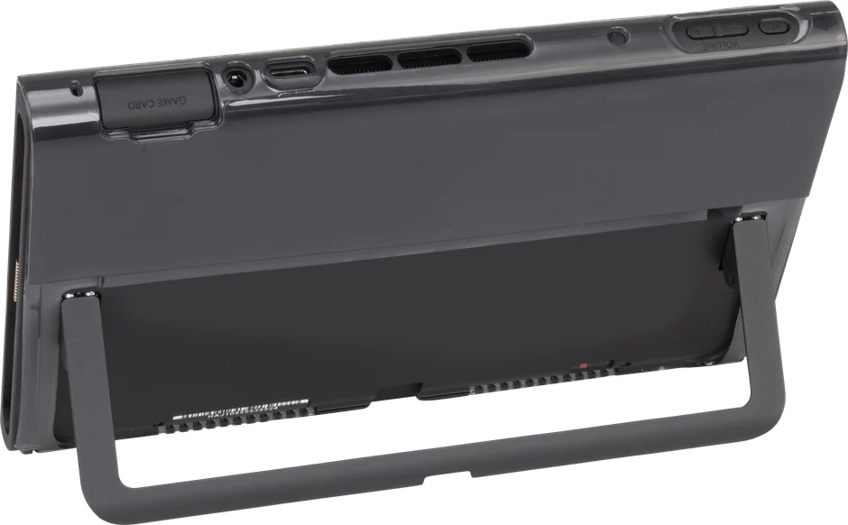 携帯ゲーム機の背面、キックスタンドが展開