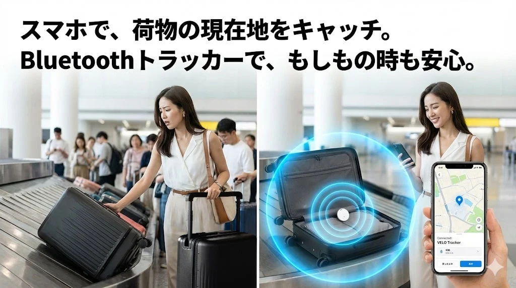 空港でスマホとトラッカーで荷物を追跡する女性