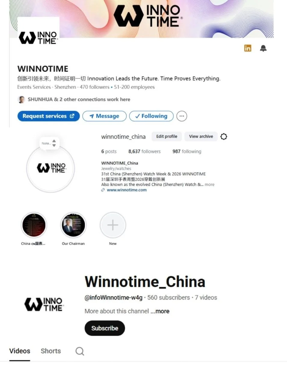 WINNOTIME社のLinkedInとYouTubeのプロフィールページ
