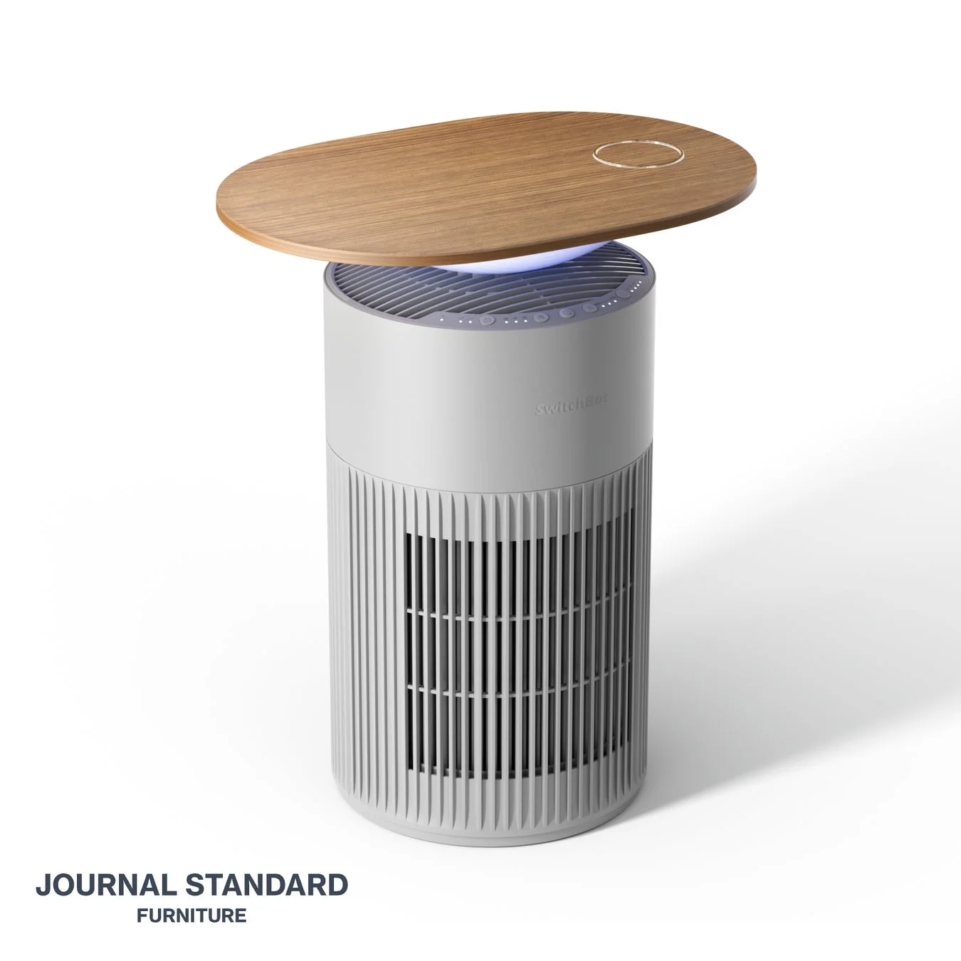 SwitchBot製のスマート空気清浄機で、木目調の天板はサイドテーブルとしても機能し、ワイヤレス充電にも対応