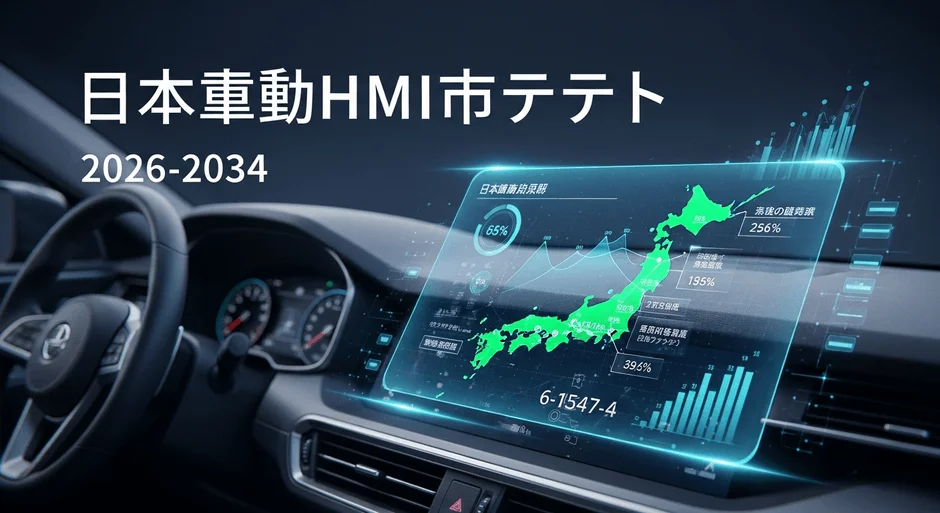 未来の車のダッシュボードに、日本自動車HMI市場のトレンドを示すホログラフィックディスプレイが表示されています。日本地図と共に様々な統計データやパーセンテージが示されており、2026年から2034年までの市場予測に関する情報が含まれています。