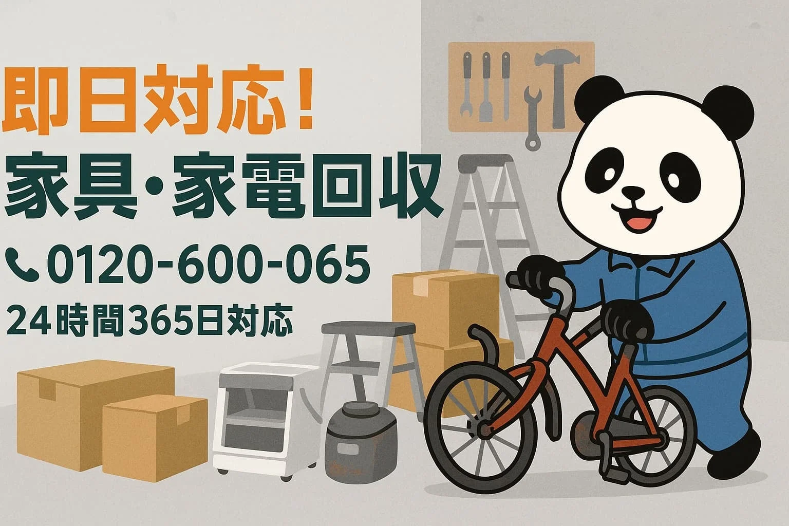 家具・家電回収サービスの広告で、パンダのキャラクターが描かれている