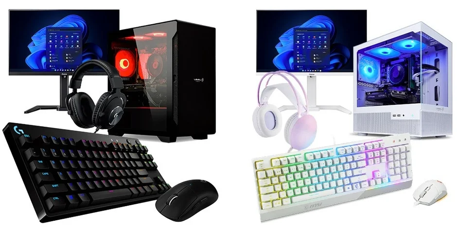 黒と白の2種類のゲーミングPCセットアップが並べられています。それぞれのセットアップには、モニター、デスクトップPC本体、ヘッドホン、キーボード、マウスが含まれています。