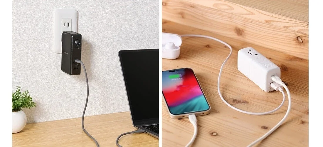 2種類の充電器、左は黒い充電器がノートPC充電、右は猫デザインの白いモバイルバッテリーがスマホとイヤホン充電